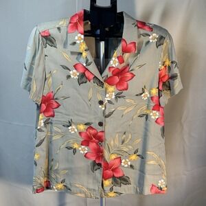 Island Winds Womens M Tropical Floral Blouse Hibiscus Rayon Button Up Shirt
